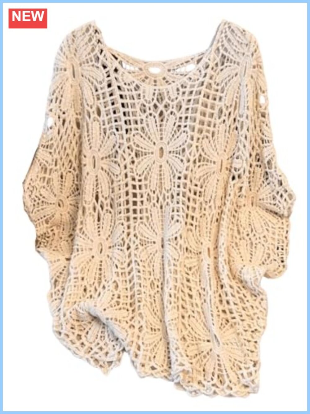 Plus Size Crochet Beach Cover Up Sweater 3/4 Sleeve Boho Resort Wear